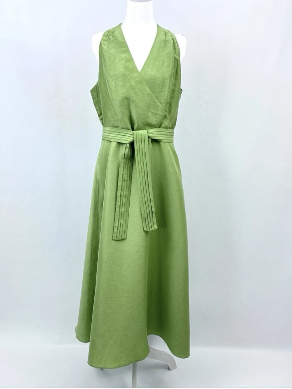 Talbots Linen Silk Green Maxi Dress Size 12 Belted Faux Wrap Lined